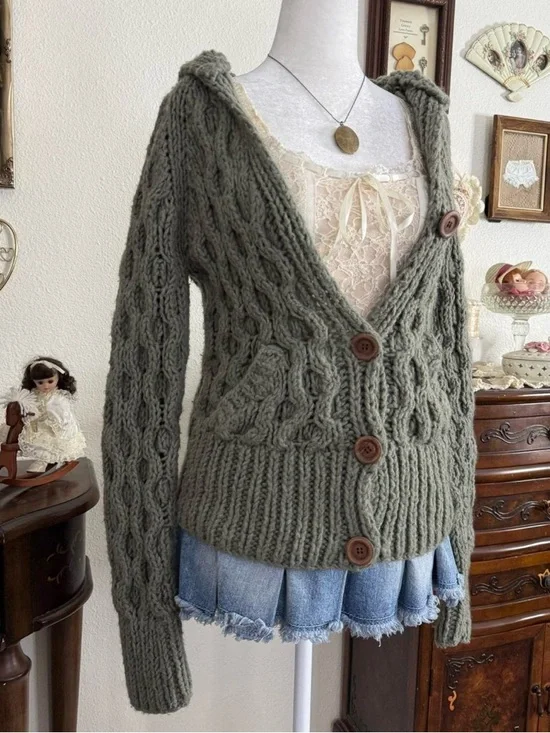 y2k cozy fairy grunge boho twee sage green chunky knit hooded cardigan w pockets - Picture 4 of 6